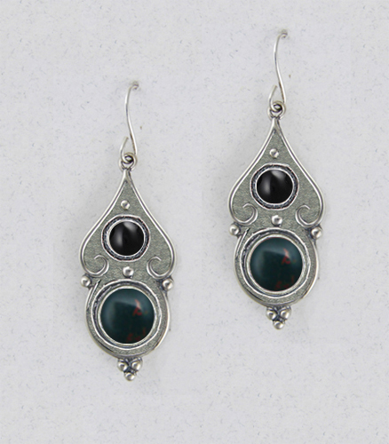 Sterling Silver Gothic Look With Bloodstone And Black Onyx Gemstone Drop Dangle Earrings